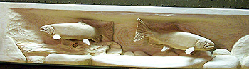 Zoomed Kirby Linjer's Carved Trout Wooden Fireplace Mantel