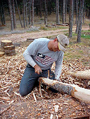 Hand peeled posts; fresh-cut Ponderosa Pine with a drawknife